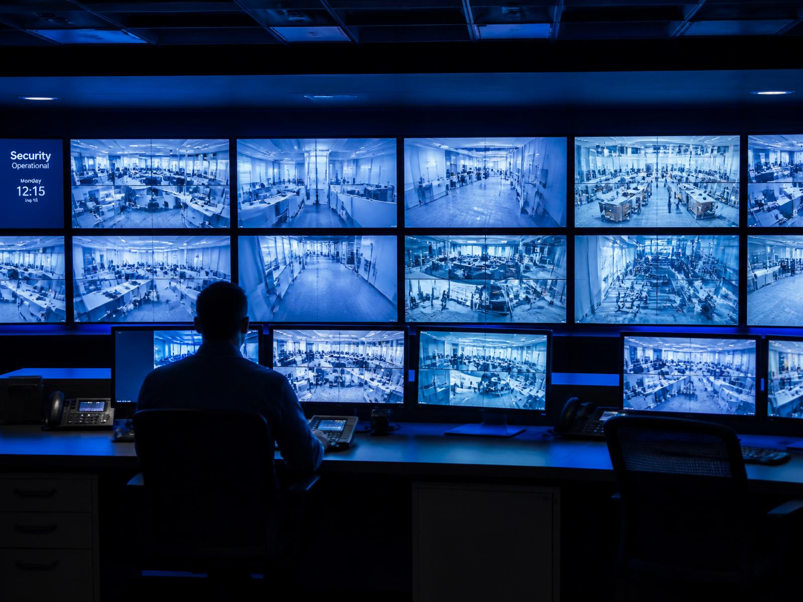 Sala de control de videovigilancia con monitores de cámaras