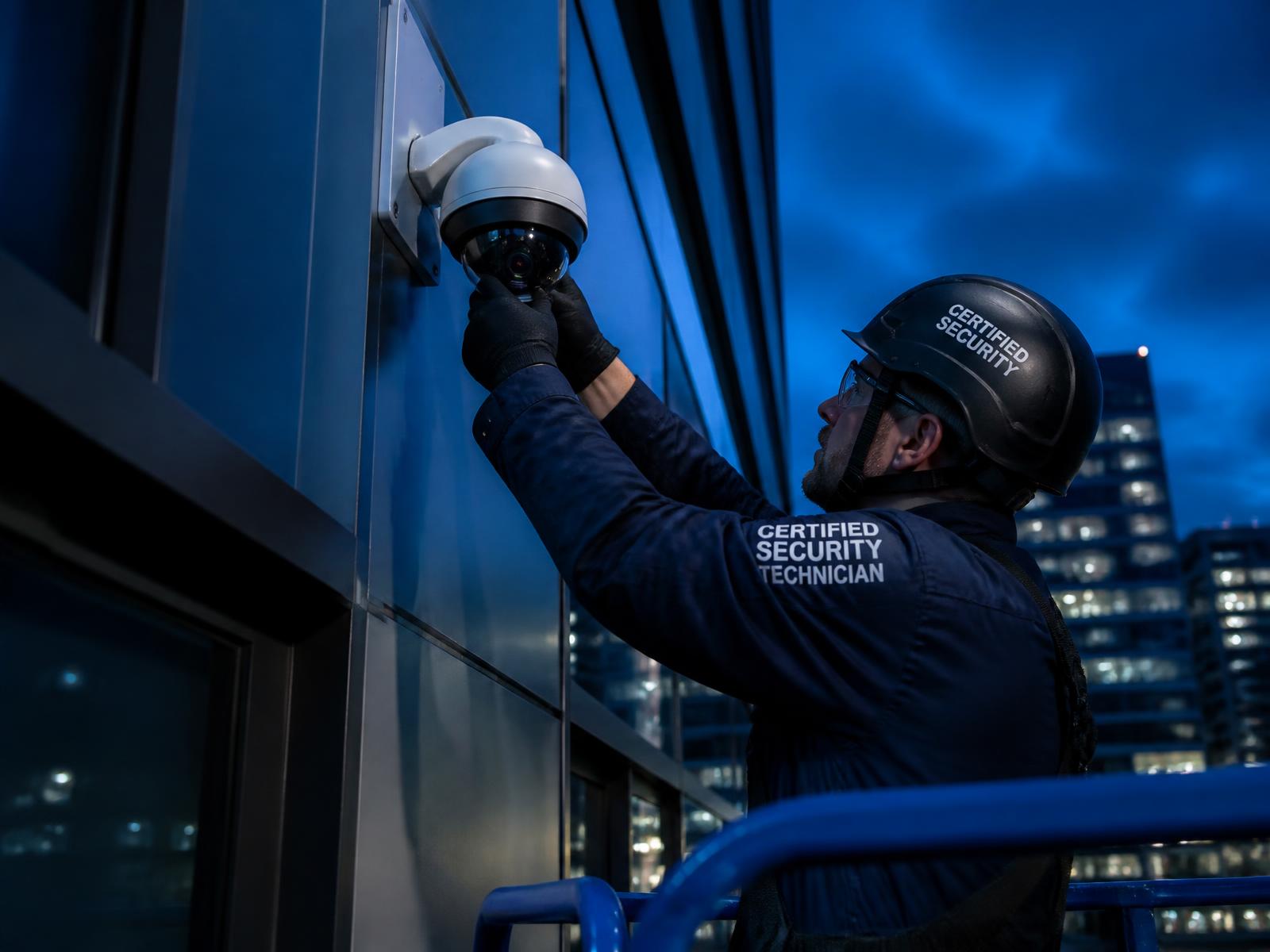 Técnico certificado instalando una cámara de videovigilancia en un edificio corporativo